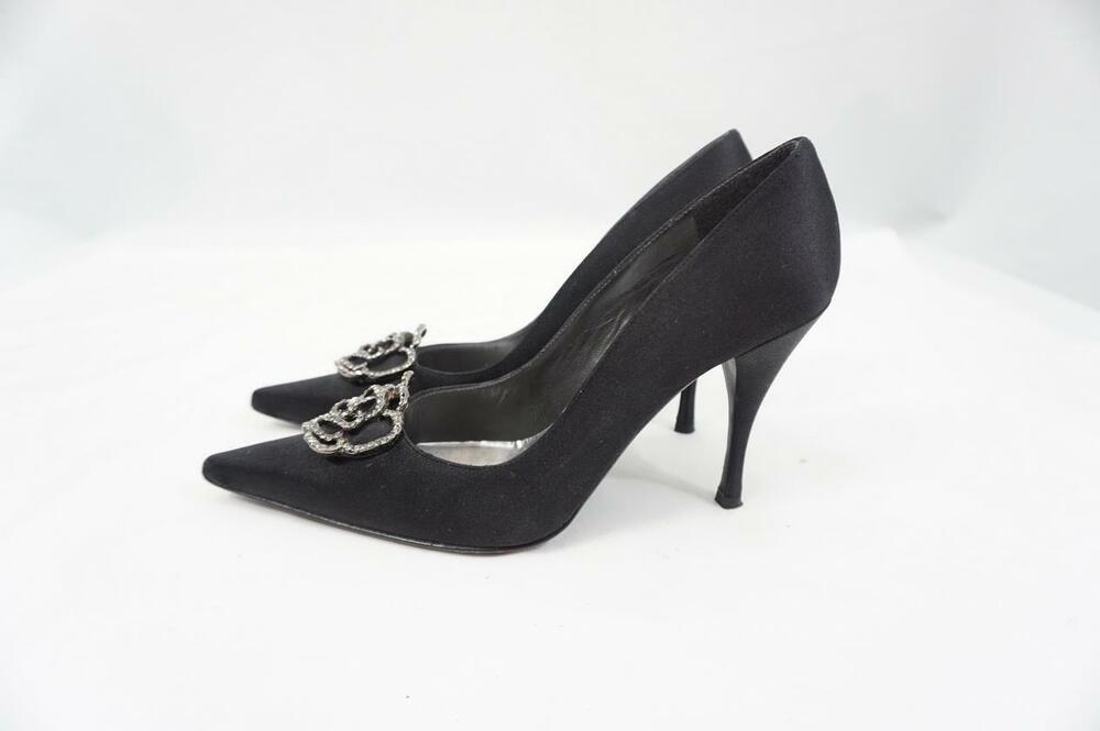 STUART WEITZMAN USED 6.5 BLACK SATIN/CRYSTAL ROSE FLOWER HEELS/PUMPS/STILETTO